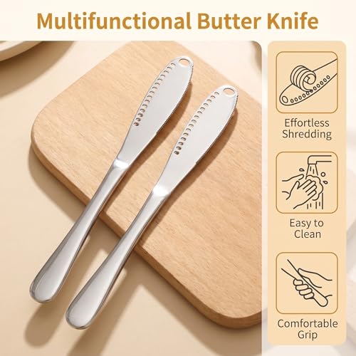 Saiveina 2 Pcs Stainless Steel Butter Knives | 3 in 1 Butter Knife Set, Butter Spreader, Curler and Grater, for Butter, Cheese, Dishwasher Safe, Rust-Resistant, Ergonomic