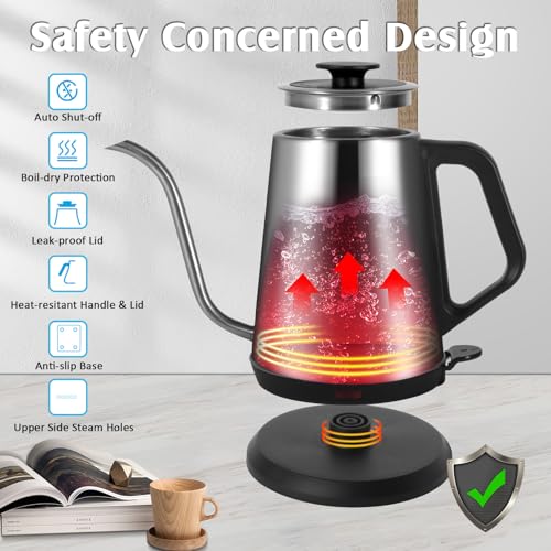 1L Electric Gooseneck Kettle, Tea Kettle for Boiling Water, Gooseneck Electric Kettle for Coffee & Tea, Fast Boiling for Pour Over, Auto Shut-Off, Boil-Dry Protection, 360° Rotational Base - Silver - color: 1.0L Silver