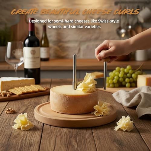 Cheese Curler Wheel with Stainless Steel Blade & Wood Base – Creates Cheese Curls from a Cheese Wheel, Also Suitable for Chocolate and Butter, for Home Kitchens, Dinner Parties