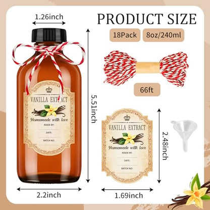 KEYWING 18 Pack 8oz Amber Glass Boston Round Bottles with Airtight Poly Cone Caps, Perfect Dispensing Bottles for Homemade Vanilla Extract, Syrups, Essential Oils, Holiday & Christmas Gift