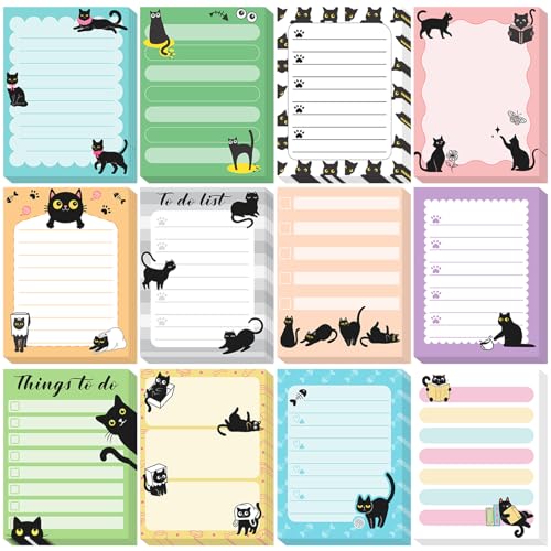 Chiisong 12 Pads Black Cat Sticky Notes 3x4 Inch Cat Notepad Cute Self Stick Notepads Funny Adhesive Memo Pad Office Decor Gifts for Animal Lover Gift Meeting Office Christmas Supplies - style: Black Cat