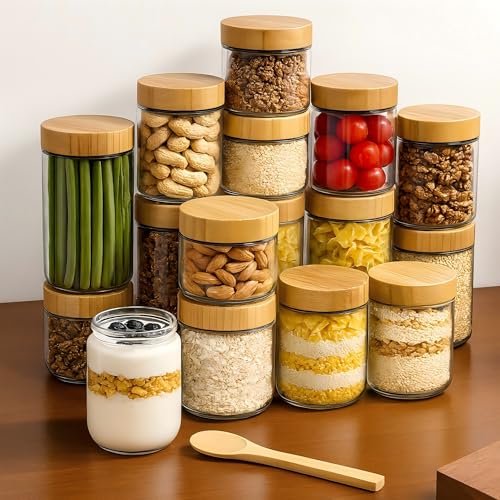 TBWIND 4 Pack 24oz Glass Jars with Bamboo Lids, Spoons, Airtight Overnight Oats Containers, Wide Mouth Mason Jars, Food Storage Container for Yogurt Salad Snacks Spice Sugar Meal Prep – Reusable - color: 24oz-Natural Lids-4 Spoon