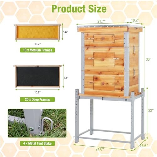 GUTINNEEN Bee Hive with Metal Frame, 10 Frame Bee Hives Boxes Dipped in 100% Beeswax,Bee Keeping Supplies-All Starter Kit Includes Wooden Frames & Waxed Foundations
