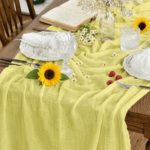 Artoid Mode Boho Light Yellow Gauze Wedding Table Runner, 120 Inch Seasonal Fabric Kitchen Dining Holiday Table Decor for Home Party Indoor - color: Light Yellow, size: 120"