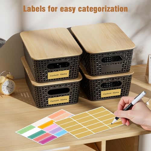 8 Pcs Plastic Storage Bins with Bamboo Lids and Labels 5.29qt Stackable Box Basket Pantry Decorative Containers, Small Storage Baskets for Desktop Organizing Shelves Bedrooms Cabinets 10*7.2*4.1" - style: Black-Bamboo Lid