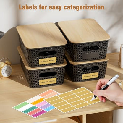 8 Pcs Plastic Storage Bins with Bamboo Lids and Labels 5.29qt Stackable Box Basket Pantry Decorative Containers, Small Storage Baskets for Desktop Organizing Shelves Bedrooms Cabinets 10*7.2*4.1" - style: Black-Bamboo Lid