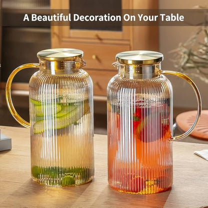 Buaic 2 PACK Glass Pitcher with Lid, 68 oz/ 2 Liter Amber Classic Vertical Stripes Water Pitcher,Glass Water Carafe for Cold Brew, Coffee, Lemonade, Iced Tea,Beverage, Heat Resistant Water Glass Jug - color: Amber, size: 2L-2 PACK