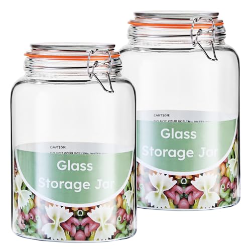 1 Gallon Wide Mouth Glass Jars, Airtight Leakproof Canisters with Lids, Clear Food Storage Containers for Pantry Kitchen, Great for Flour Sugar Rice Dry Goods, Pickling Fermenting, 2 Pack