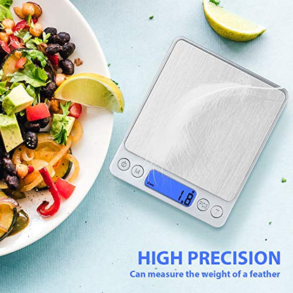 Food Scale, Rechargeable Kitchen Scale with Trays 3000g/0.1g, Mini Scale with Tare Function Digital Scale Grams and Ounces for Weight Loss, Dieting, Cooking, Meal Prep, Coffee, Jewelry