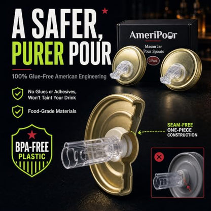 Mason Jar Pour Spouts With Flap - For Moonshine And Whiskey - Made 100% In The USA. Free Flow Mason Jar Spouts That Don't Leak - No Cracks, Just A Perfect Cocktail Pour Everytime. 2 Pack - size: Classic Regular Mouth With Flap