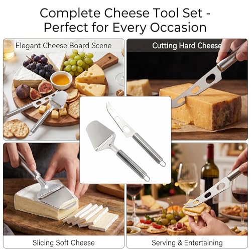 Cheese Slicer and Knife Set 2 pcs: Quality Stainless Steel Cheese Knife Set & Cutter for Perfect Cuts - Ideal for Charcuterie Boards & Cheese Lovers! (silver)