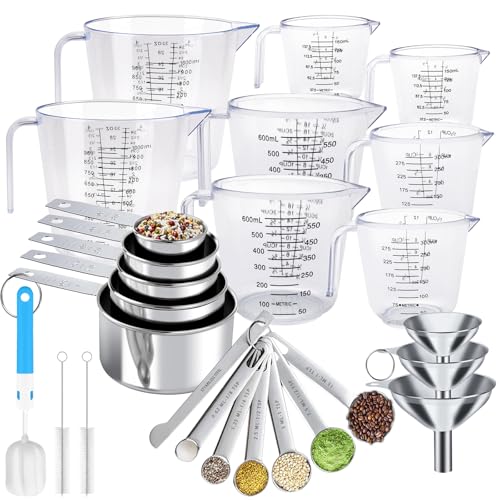 Measuring Cups and Spoons Set 26 Piece, 11 Stainless Steel Nesting Measuring Spoons and Cups with 8 Plastic Measuring Cup, 3 Funnel, 3 Brush, 1 Ruler, Measuring Cup Set for Kitchen Baking Liquid Dry - color: 26 Piece
