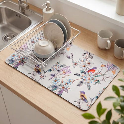 LemonRoad Dish Drying Mat for Kitchen Counter, 12"x20" Absorbent Coffee Bar Mat with Flowers Birds Design, Fast-dry Diatomite Drainer Drying Mats with Non-slip Backing for Kitchen Sink Countertop - style: Flowers and Birds