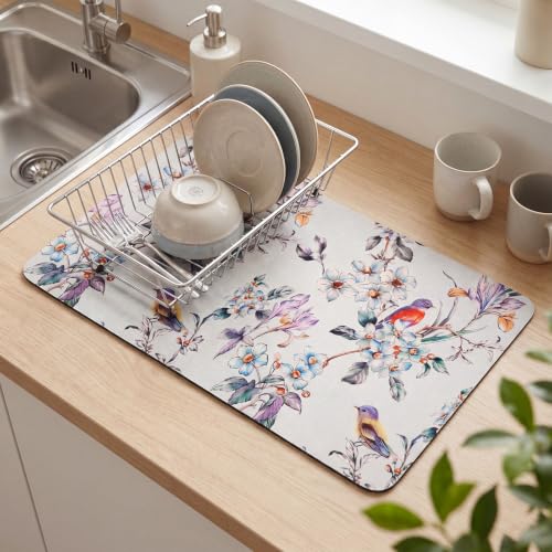 LemonRoad Dish Drying Mat for Kitchen Counter, 12"x20" Absorbent Coffee Bar Mat with Flowers Birds Design, Fast-dry Diatomite Drainer Drying Mats with Non-slip Backing for Kitchen Sink Countertop - style: Flowers and Birds