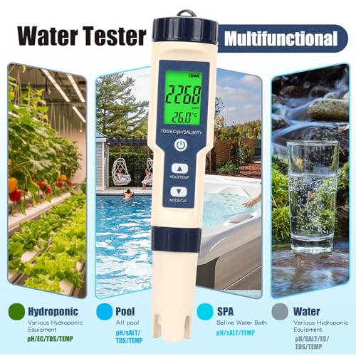 Pool Salinity Tester & pH Meter,Digital 5-in-1 Water Meter (Salt, pH, Temp, EC and TDS) -High Accuracy, Suitable for Swimming Pools, Hot Tubs, Aquariums,Hydroponics and Drinking Water