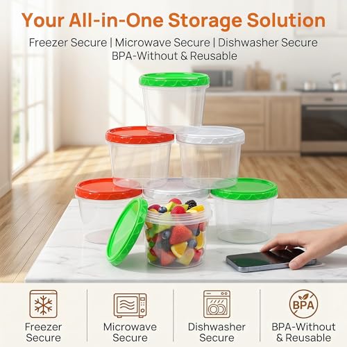 EONJOE 32oz Plastic Freezer Food Leftovers Containers with Lids, 12pcs | Reusable ,Airtight & BPA-free for fresh food. Dishwasher/freezer safe, perfect for daily meal prep, portion control - size: 32oz