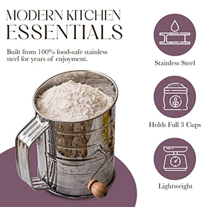 Bellemain 3 Cup Flour Sifter for Baking Fine Mesh Rotary Hand Crank with Loop Agitator for Quick Sifting, Flour Sifter Stainless Steel - size: 3 Cup