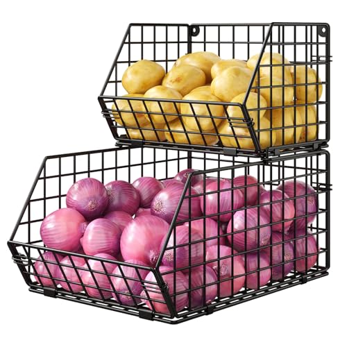 2-Tier Potato and Onion Storage Bin, Stackable Wire Baskets for Countertop | Large Fruit and Vegetable Storage, Wall-Mount Kitchen Pantry Organizer with Ventilated Mesh to Keep Produce Fresh for Cabinet - size: 2-tier Large