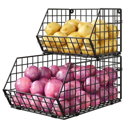 2-Tier Potato and Onion Storage Bin, Stackable Wire Baskets for Countertop | Large Fruit and Vegetable Storage, Wall-Mount Kitchen Pantry Organizer with Ventilated Mesh to Keep Produce Fresh for Cabinet - size: 2-tier Large