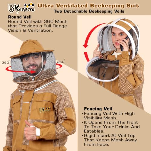 3-Layer Ultra Ventilated Sting Proof Bee Suit for Men & Women – Premium Beekeeping Suit with Bee Gloves & Two Detachable Beekeeping Veils (Brown 4XL) - color: Brown, size: 4X-Large