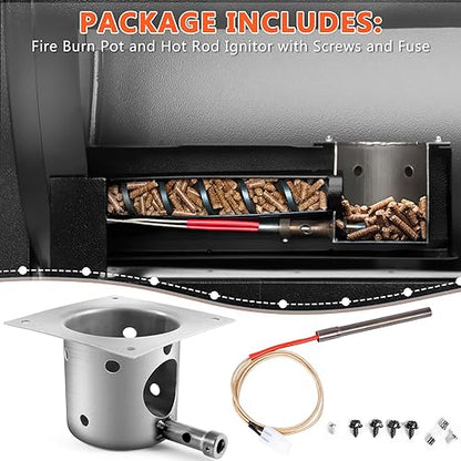 QuliMetal Upgraded Fire Burn Pot and Hot Rod Ignitor Kit Replacement Parts for Traeger, Pit Boss & Camp Chef Pellet Grill Smoker, Durable Fire Burner Pot with Ash Remover, Screws & Fuse - size: Fire Burn Pot + Hot Rod Ignitor