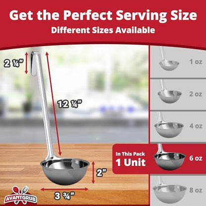 Super Sturdy, Ergonomic 6 Oz. Soup Ladle 1 Pk. Stainless Steel Ladles with Long Handles. Best Kitchen Accessories for Stirring, Portioning and Serving Soups, Chili and Stew in Restaurants and at Home - size: 6oz