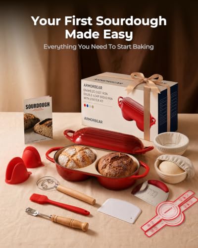 Sourdough Bread Baking Kit with Double Loaf Cast Iron Bread Pan, Red | Bakes two mini loaves at once with banneton proofing baskets included - color: Red, size: Double Bread Oven & Baking Kit