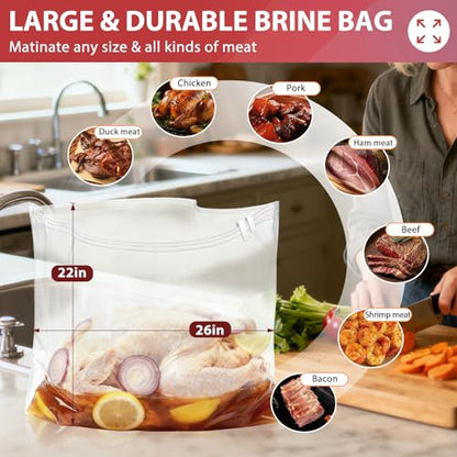 Turkey Brine Bags, 2 Pack Extra Large 26"x22" Brining Bags for Turkey, Holds up 35lb and Above, Double Zip-Lock Brine Bag Kit with 2 Strings & Clips, Thanksgiving, Christmas Essentials - size: 2 PACK
