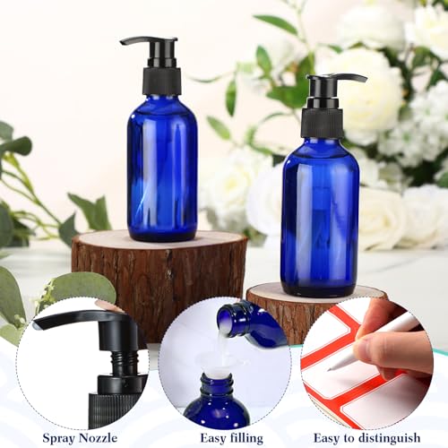 Fumete 2 Pack Glass Bottles 4oz Empty Refillable Liquid Containers with 1 Label 1 Funnel for Essential Oils Hair Travel Plants Cleaning Skin Care(Blue, Black Top,Pump Bottle) - color: Blue, Black Top, style: Pump Bottle