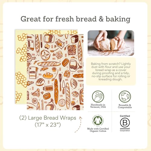 Bee's Wrap Beeswax Wraps for Bread - 2 Pack Beeswax Bread Wrap for Sourdough & Bread Storage - Plastic Free Made in USA Reusable Natural Food Wrap - Bakery Lane & Honeycomb - color: Bakery Lane + Honeycomb