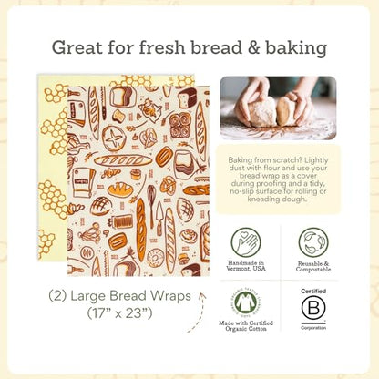 Bee's Wrap Beeswax Wraps for Bread - 2 Pack Beeswax Bread Wrap for Sourdough & Bread Storage - Plastic Free Made in USA Reusable Natural Food Wrap - Bakery Lane & Honeycomb - color: Bakery Lane + Honeycomb