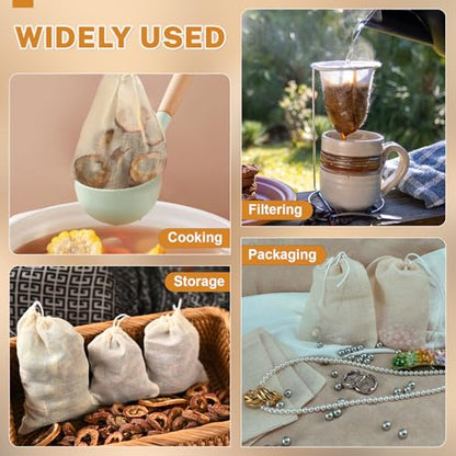 20 Pcs Muslin Bags with Drawstring, Reusable Tea Bags, Spice Bags for Cooking Soup/Herb/Loose Leaf Tea, Natural Cotton Small Cheese Cloth Bag for Straining, Sachet Bags Empty, 4 X 3 Inches - size: 3 x 4 inches
