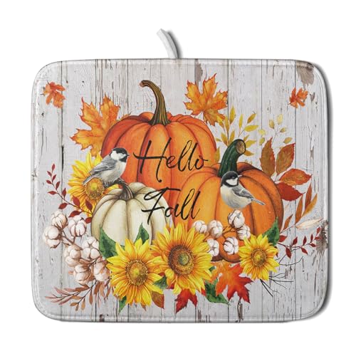 Hello Fall Dish Drying Mat for Kitchen Counter 16x18 Inch Orange Pumpkin Absorbent Drying Pad with Hanging Loop Autumn Home Decoration - color: Hello Fall Pumpkin, size: 16" x 18"