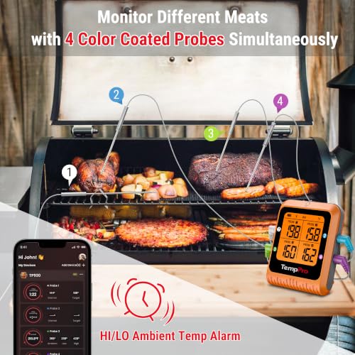 TempPro 650 ft Bluetooth Meat Thermometer with 4 Color-Coded Probes, Wireless Meat Thermometer Digital Wireless with Timer, Commercial Cooking Tools & Utensils Rechargeable for Smoker Oven - style: 4 Probes
