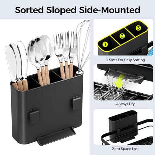 Urackify Dish Drying Rack for Kitchen Counter, Sink Dish Rack with Drainboard 12.2" W x 16.5" L, Large Dish Drainer with Cutlery Holder, Home Countertop Plate Dryer Storage Rack, Black - color: Black