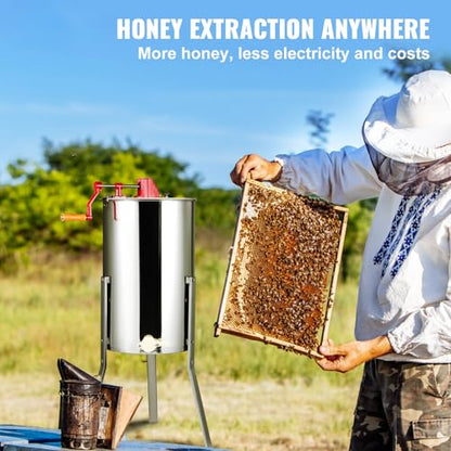 VEVOR Honey Extractor, 2/4 Frame Stainless Steel Manual Beekeeping Extraction, Honeycomb Drum Spinner with Transparent Lid, Apiary Centrifuge Equipment with Height Adjustable Stand, Silver - style: 4 Frame Rack(2 Deep Frames)