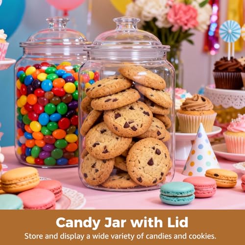 2 Pcs Plastic Candy Jars with Lids, 1 Gallon Large Food Storage Container with Airtight Seal and Wide Mouth, Clear PET Cookie Jar with Scoop for Kitchen, Pantry, 5.9 x 10.8 In