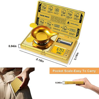 GRAM PRES High Precision Milligram Scale,50g/0.001g Digital Mini Pocket Gram Scale,Mg Scale for Weighing Powders,Jewelry, Medicine, Gem, Reloading,Gold Scale with Cal Weight, Tweezer and Tray - color: GOLD