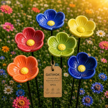 Bee Watering Station for Garden Cups Bird Butterfly Bees Ceramic Drinking and Water Bath Feeder Cup Blossoms Flowers Shaped Design Poppies Bowl Wildlife Feeding 5PCS Watring Pollinator (#6PCS-B) - color: #6PCS-B