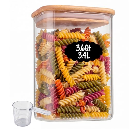 3.4Qt Large Glass Flour Sugar Storage Container with Bamboo Lid | Wide Mouth Design, With Measuring Cup, Minimalist Kitchen Organizer,Scandinavian Style Storage,Nordic Style Storage - size: 3.6Qt*1