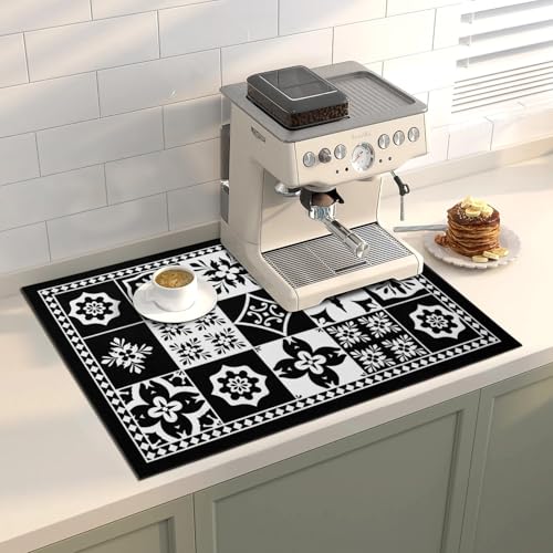 Coffee Mat Dish Drying Mat Hide Stain High Absorbent Bar Mat for Countertops Easy Clean,Fit Under Coffee Maker Machine And Accessories-16"x24",Retro Black - color: Retro Black, size: 24" x 16"