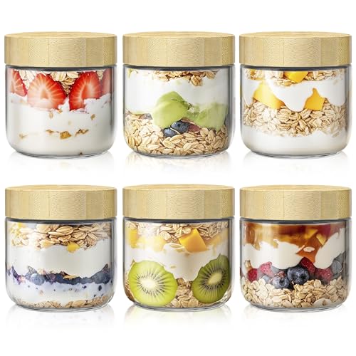6 Pack 10oz Overnight Oats Containers with Bamboo Lids, Glass Jars with Airtight Lids for Meal Prep, Wide Mouth Mason Salad Jars, Glass Food Storage Container for Yogurt Chia Snacks Spice Sugar - color: 10oz 6 Pack