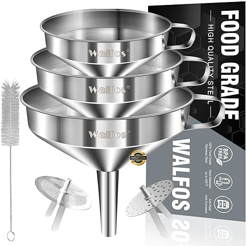 Stainless Steel Funnel, Walfos 3 Pack Kitchen Funnel with 2 Removable Strainer ＆ 1Pcs Cleaning Brush, Perfect for Transferring of Liquid, Oils, Jam, Dry Ingredients & Powder - color: 3pcs funnel 5.7+4.9+4.1 inch
