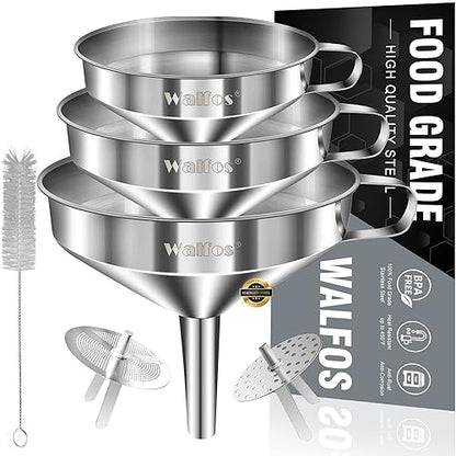 Stainless Steel Funnel, Walfos 3 Pack Kitchen Funnel with 2 Removable Strainer ＆ 1Pcs Cleaning Brush, Perfect for Transferring of Liquid, Oils, Jam, Dry Ingredients & Powder - color: 3pcs funnel 5.7+4.9+4.1 inch