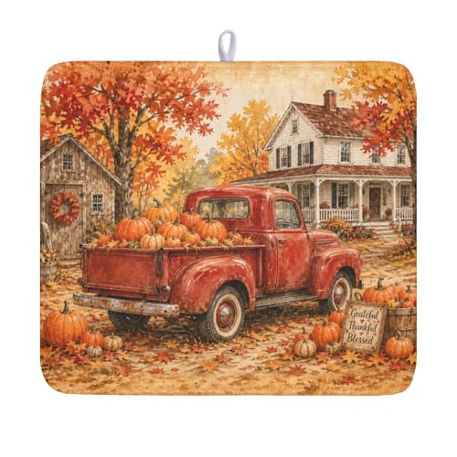 Fall Pumpkin Dish Drying Mat for Kitchen Counter Thanksgiving Autumn Harvest Pattern Microfiber Dish Drainer Mat Vintage Rustic Farmhouse Absorbent Washable Drying Pad 16"x18" - color: Fall Truck Pumpkin, size: 18" x 16"