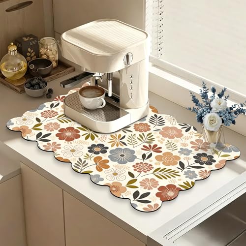 Scalloped Dish Drying Mats for Kitchen Counter, Wildflowers for Spring Autumn, Cute Coffee Bar Mat for Countertop, Diatomite Absorbent, Kitchen Aesthetic Decor (16"x24", Wildflowers) - color: Z-Wildflowers, size: 24" x 16"