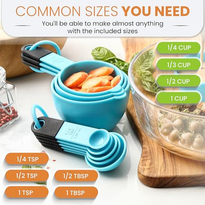 Spring Chef Magnetic Measuring Cups and Spoons Set of 9, Nesting Plastic Kitchen Tool with Easy to Read Markings - Measure Dry or Liquid Ingredient, BPA Free, Aqua Sky - color: Blue (Aqua Sky)