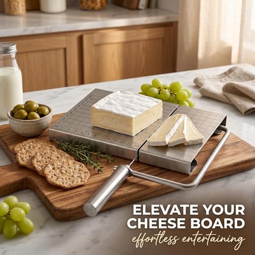 Cheese Slicer Board with Wire, Stainless Steel Cheese Cutter with Measuring Grid, Adjustable Thickness for Cheese & Butter, Includes 5 Replacement Wires