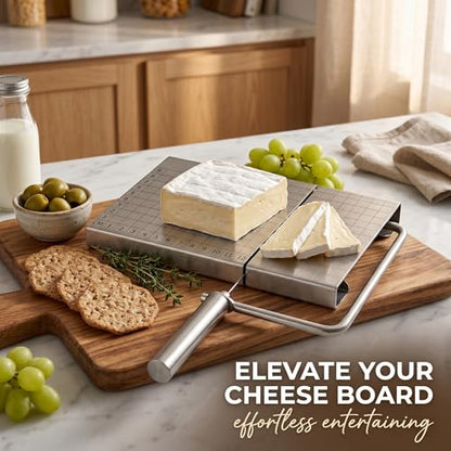 Cheese Slicer Board with Wire, Stainless Steel Cheese Cutter with Measuring Grid, Adjustable Thickness for Cheese & Butter, Includes 5 Replacement Wires