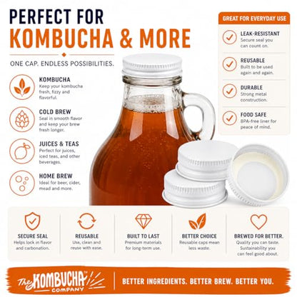 Metal Growler Caps For 1-Gallon & 1/2-Gal Sized Glass Growler Jugs - 1.5" (38mm) Dia, Made in USA - Beer/Kombucha/Homebrew Bottle - Food Grade Lid w/Continuous Thread & Plastisol Liner (12 Pack) - color: White